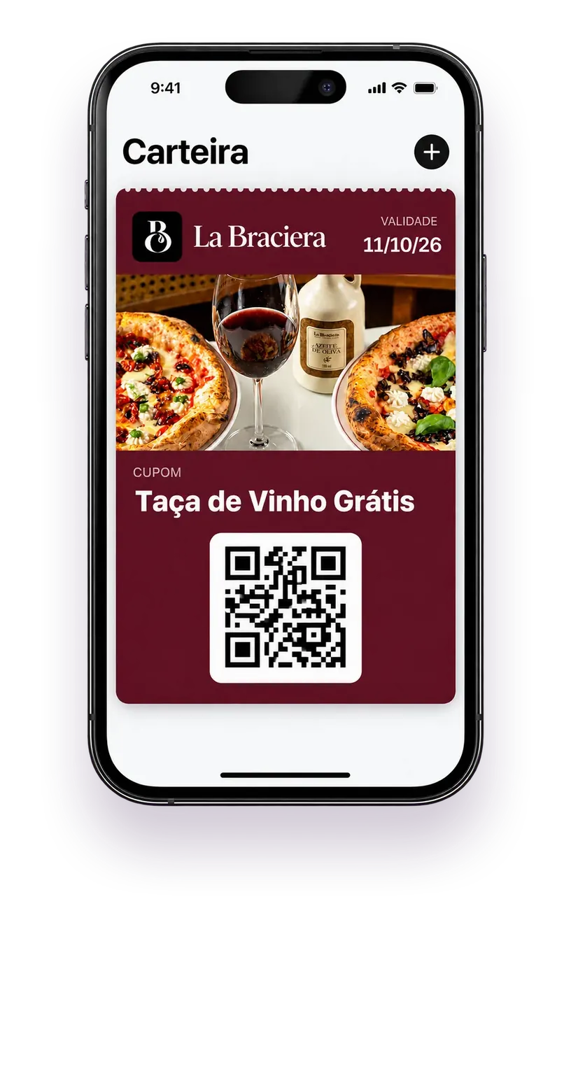 iPhone with the Wallet open, showing a Free Glass of Wine coupon from La Braciera, with its expiry date and QR code